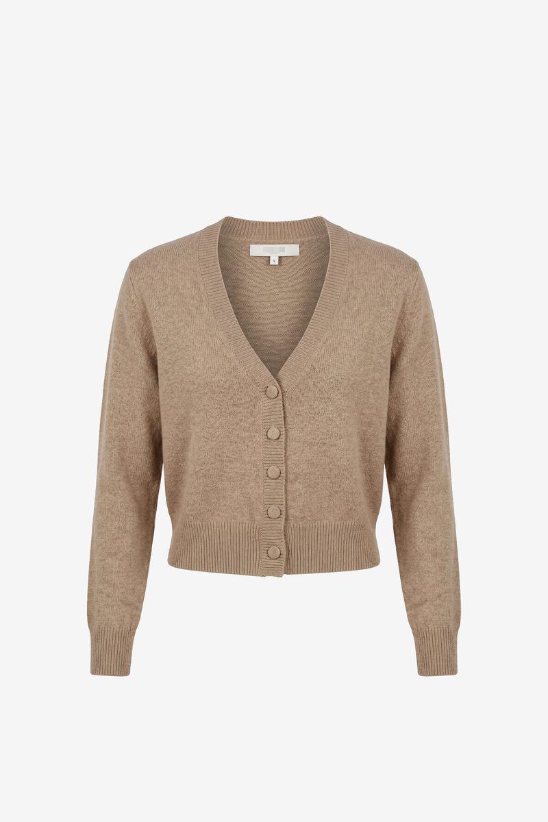 Ghost mannequin product shot of a camel V-neck cardigan, inner back neck and label visible through the opening