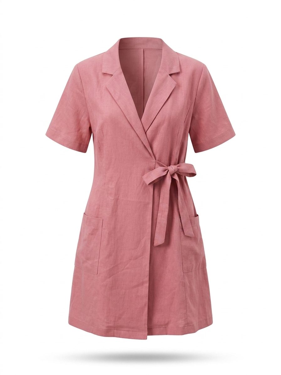 Ghost mannequin product shot of a pink linen wrap dress with the collar interior open