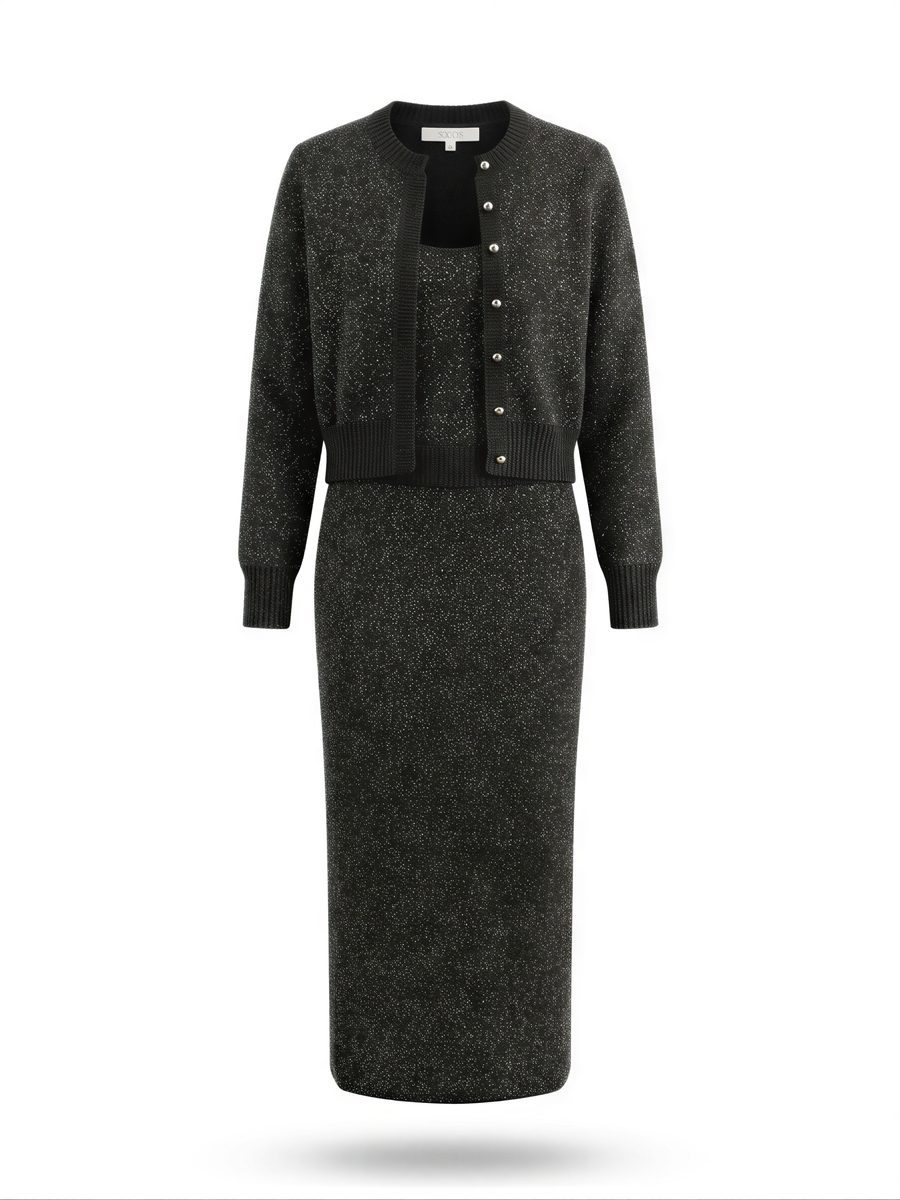 Ghost mannequin product shot of a charcoal sparkle knit cardigan and midi skirt co-ord set