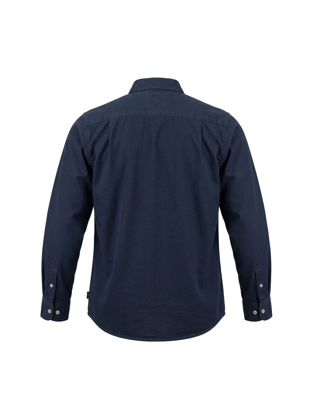 Ghost mannequin back view of a navy button-down shirt, hollow collar with the yoke seam and cuff plackets intact