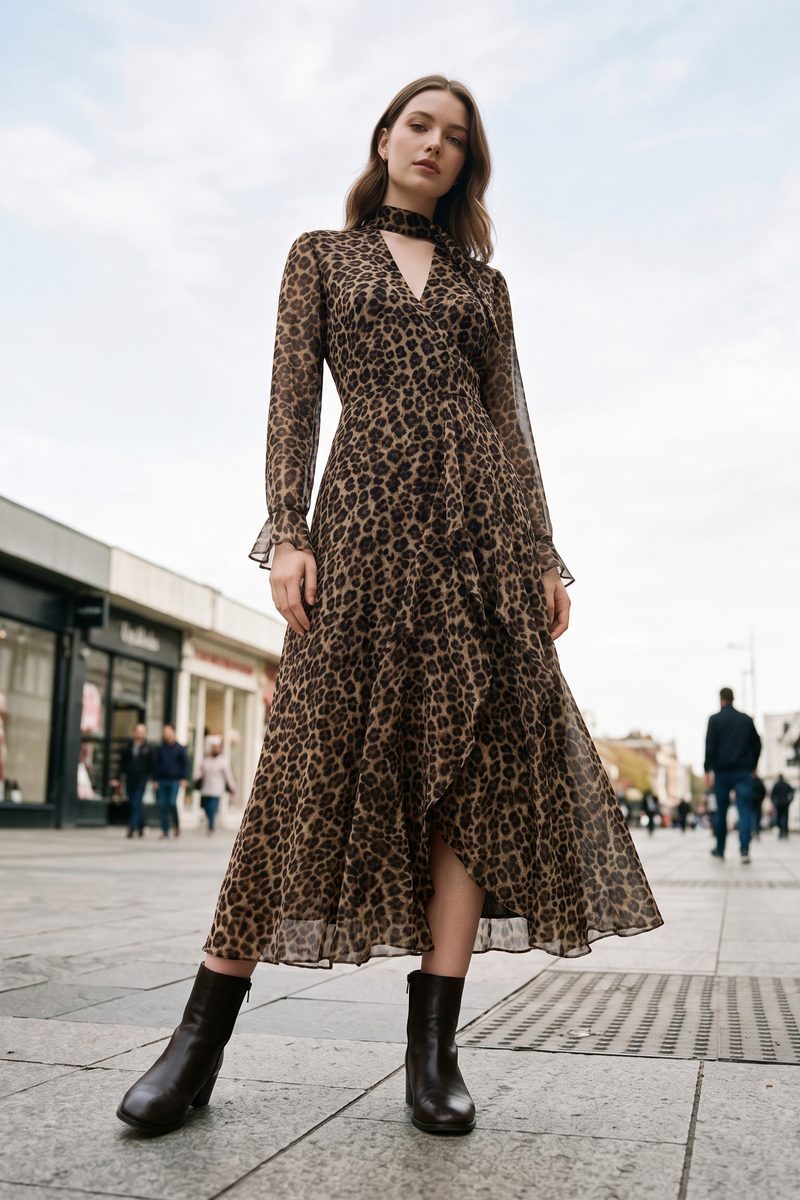 AI on-model lifestyle photo, leopard print midi dress on a pedestrianised high street