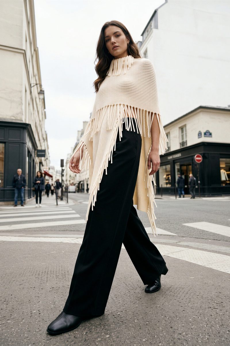 AI on-model lifestyle photo, cream fringed knit wrap shot on a city street