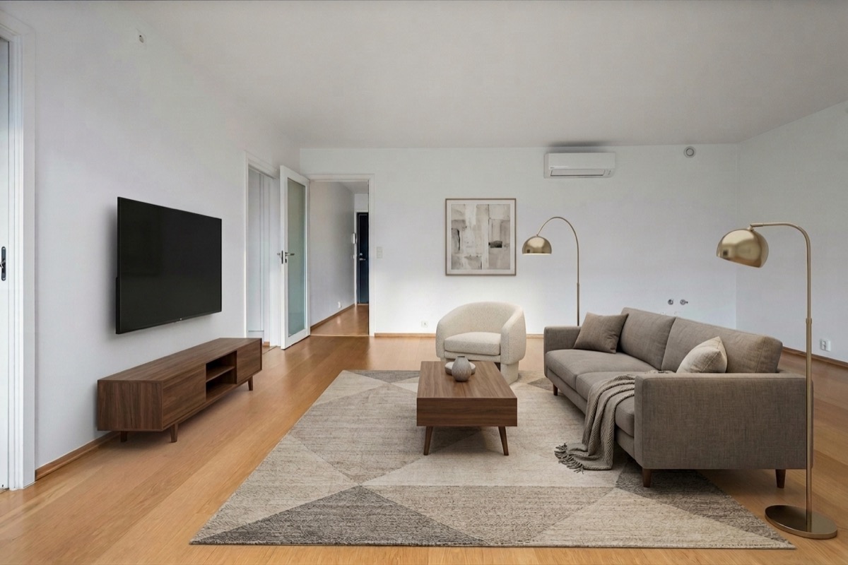 Same living room with TV console and coffee table revised to walnut