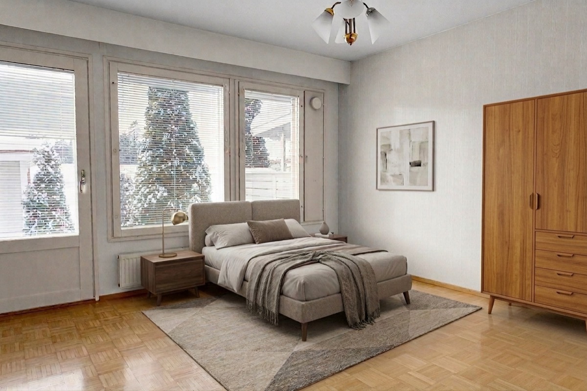 Same bedroom with wardrobe revised to a walnut finish