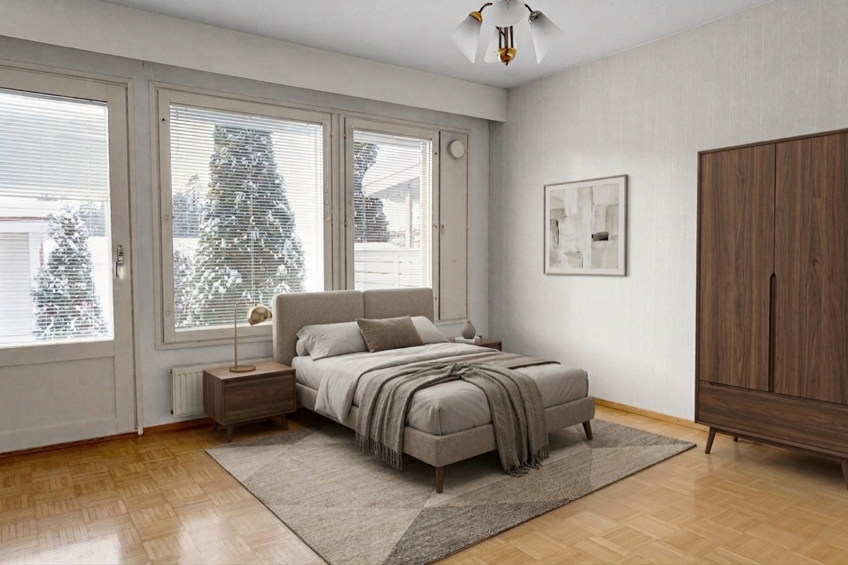 Bedroom with white wardrobe before revision