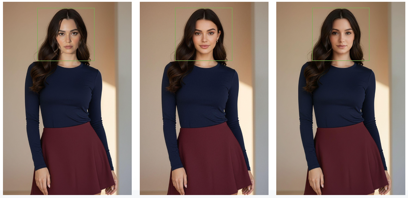 Three AI-generated model images showing face lock consistency across separate generations