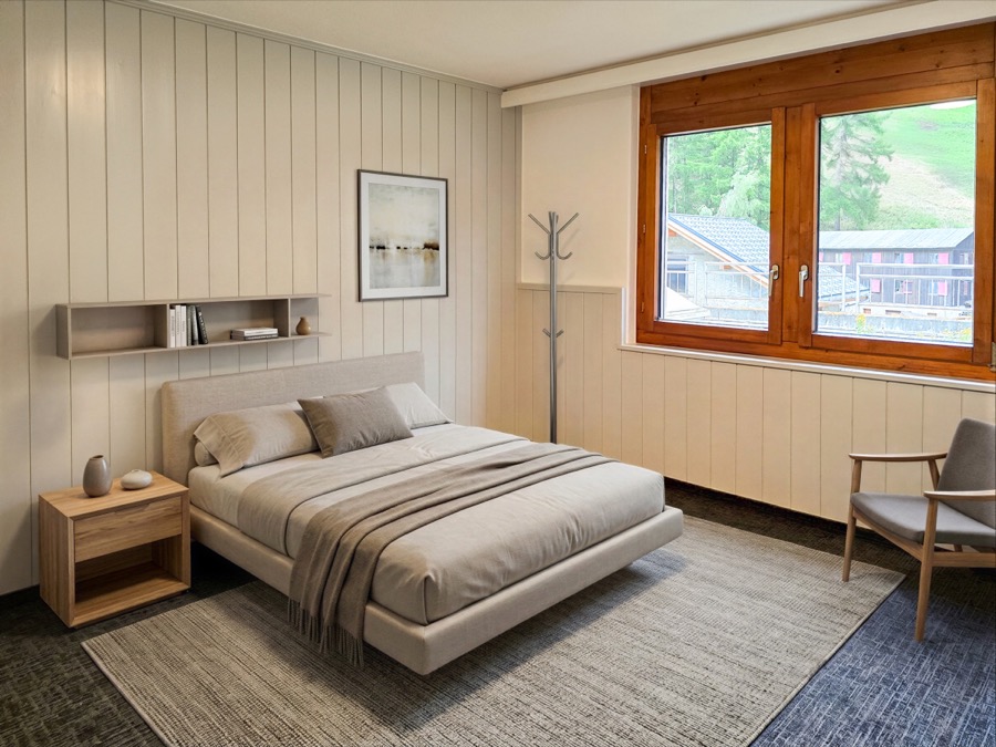 AI virtual staging, bedroom, warm Scandinavian style
