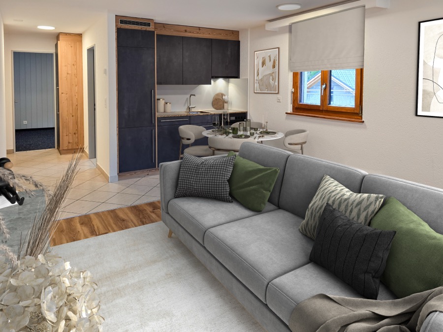 AI virtual staging, open-plan living room and kitchen